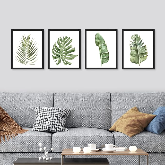 SIGNWIN Framed Banana Palm Monstera Leaf Wall Art, Set of 4 Green Pastel Wall Decor Prints, Nature Wilderness Wall Décor for Living Room, Bedroom - 11"x14" Black