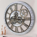 The B-Style Large Wall Clock 24 inch Moving Gear Wall Clock Oversized Vintage Farmhouse Wall Clocks for Living Room Decor Rustic Industrial Wood Clock (Silver Gray and Bronze)