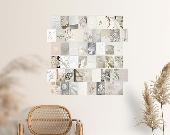 TwoDays Vanilla Girl Aesthetic Room Decor, Clean Girl Aesthetic Wall Collage Kit Pictures for Dorm, Neutral Posters, Cream Wall Art Prints for Bedroom.(Set of 50, 4" × 6")
