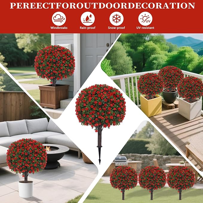 BAIJIALI Artificial Trees,2 Set of 16'' UV Resistant Fake Evergreen Shrubs Bushes Plants (Red Rose, 2 Packs)