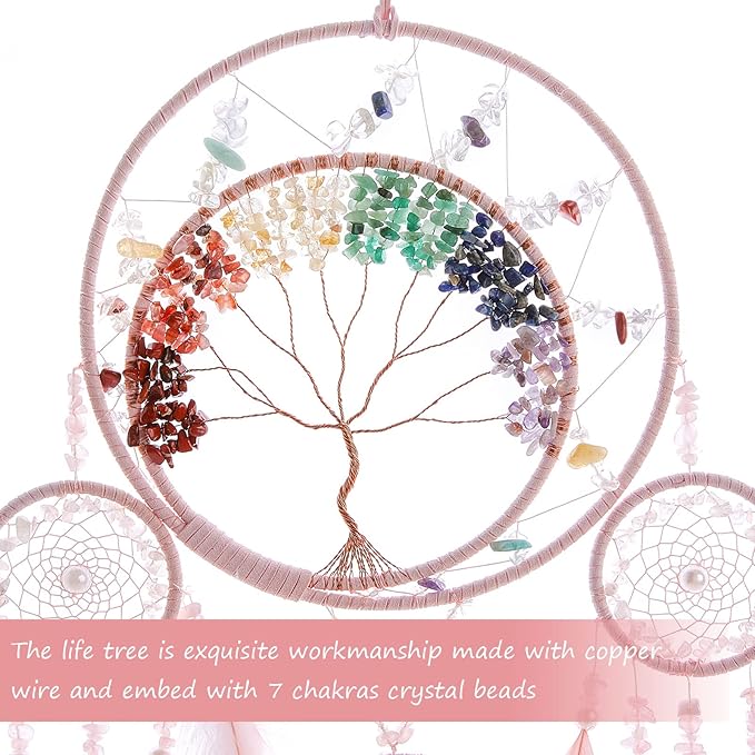 7 Chakras Dream Catchers Tree of Life Large Dream Catcher Pink Feather Wall Decor with Rainbow Healing Crystal Stone Wall Art Hanging Ornaments for Bedroom Home Decor Blessing Gift Wedding -4 Rings
