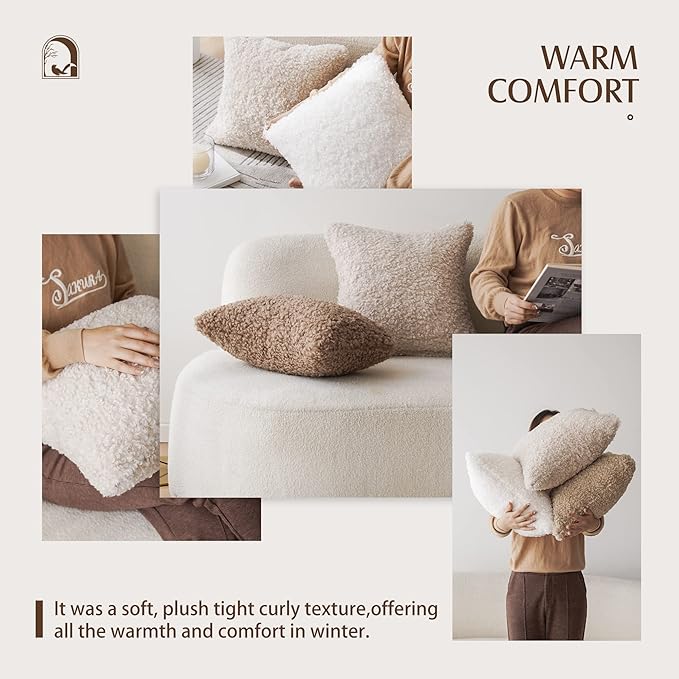 Foindtower 2 Pieces 22x22 Inch White, Faux Fur Throw Pillow Cover Accent Sherpa Pillow Fuzzy Soft Pillowcases Sheepskin Decorative Fleece Cushion Case for Bed Couch Living Room