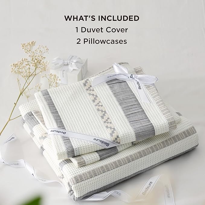 Bedsure Waffle Weave Duvet Cover King - 100% Cotton Boho Duvet Cover with 2 Pillowcases - Cream White Textured Comforter Cover with Zipper Closure (King, 104"x90")