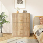 Fluted 5 Drawers Dresser for Bedroom, Wooden Tall Storage Dresser, Modern Chest of Drawers with Metal Handle, Curved Profile Wood Closet Clothes Storage Organizer for Living Room, Hallway, Natural