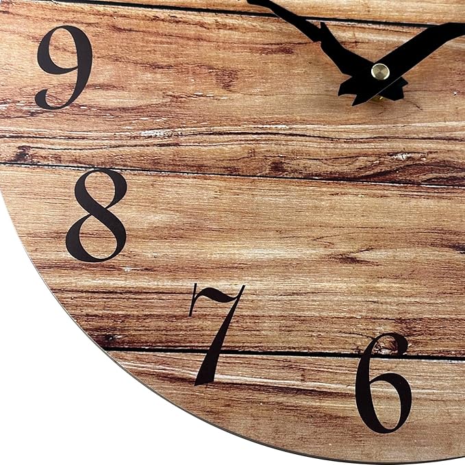 Plumeet Extra Large Wall Clock, 16'' Frameless Wooden Wall Clocks with Silent Quartz Movement, Rustic Country Village Walnut Clocks Decorative for Kitchen Bedroom Living Room, Brown