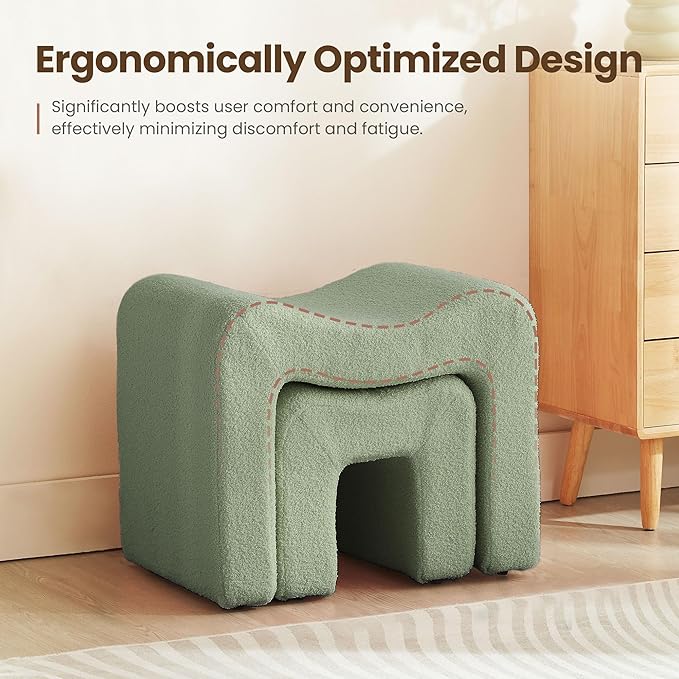 Ottoman Set of 2 Vanity Stool Chair Seating Backless Modern Foot Rest Teddy Velvet Small Footstool Ottoman for Makeup Room Living Room Bedroom Entryway,(2-in-1) Green