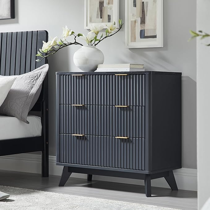 T4TREAM Fluted 3 Drawer Dresser, 32" Tall Modern Chest of Drawers with Faux Marble Top, Curved Profile Design, Wood Drawer Organizer for Bedroom, Living Room, Hallway, Entryway, Dark Grey