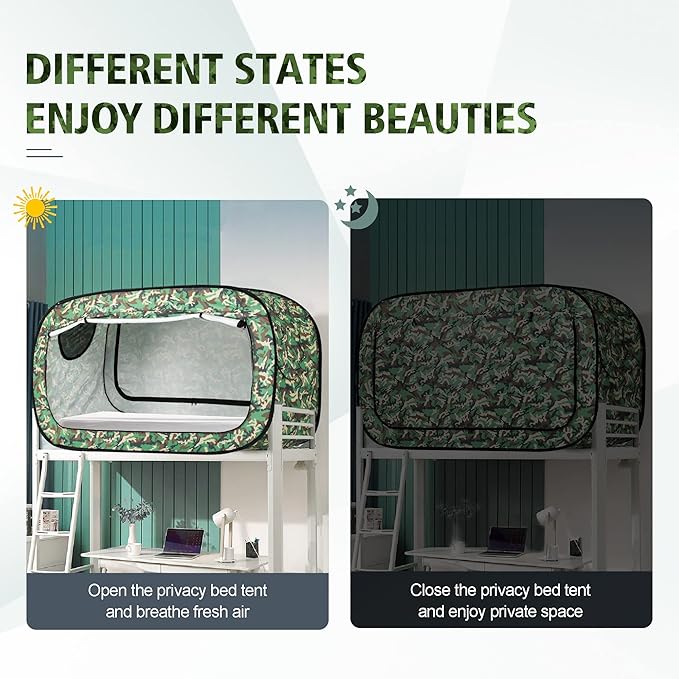 Bed Tent Twin Bed Canopy Portable Dream Tent for Adult Indoor Sleeping Tents with 2 Doors Breathable Private Space Tents, Green Camouflage