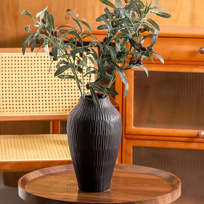 Elegant Black Ceramic Vase - Modern Minimalist Home Decor Vase, Centerpiece for Living Room, Dining Table, Office - 11.6 Inches Tall, Handcrafted Pottery for Farmhouse, Boho, Contemporary Style