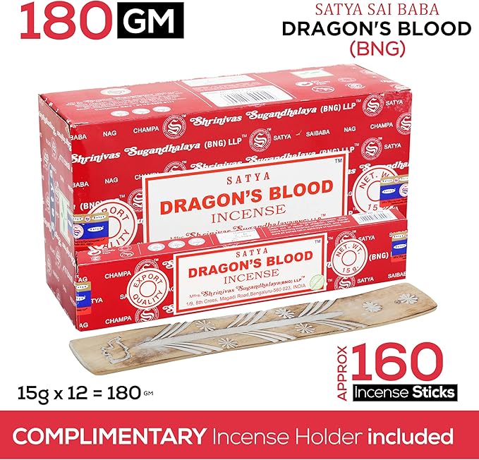 Satya Dragon Blood Incense Sticks, Satya Bng (Bangalore) Insenses 15gmx12 Pack with Raajsee Incense Holder Bundle, Satya Nag Champa Natural Incense
