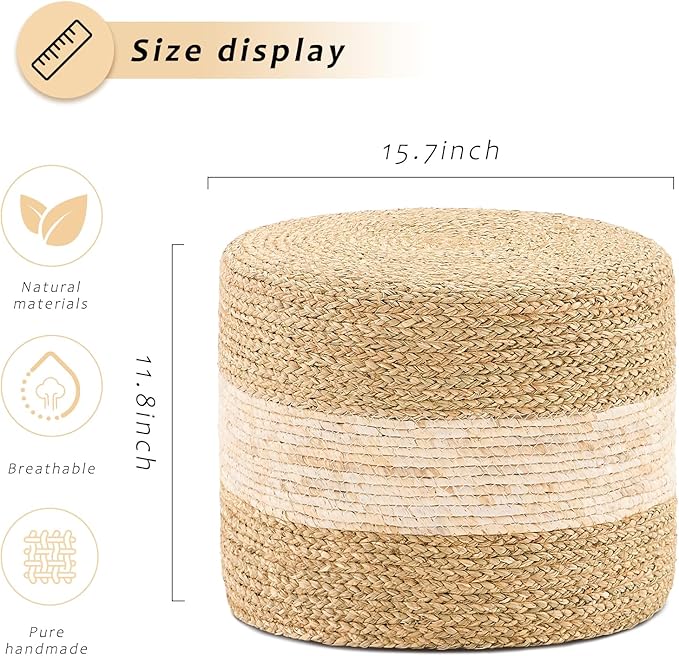 Handwoven Seagrass Ottoman Pouf, Round Outdoor Footstool with Sturdy Frame, No Assembly Needed, Boho Accent Stool for Indoor & Outdoor Use – Patio, Balcony, Living Room (Seagrass White)