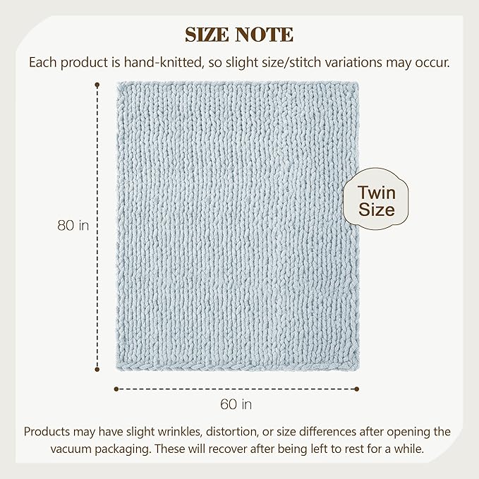 Carriediosa Chunky Knit Throw Blanket 60" X 80" Twin, 100% Hand Made Large Chenille Loop Yarn Soft Fluffy Throws for Couch Sofa Bed, Big Crochet Cozy Heavy Thick Cable Woven Blanket, Light Blue