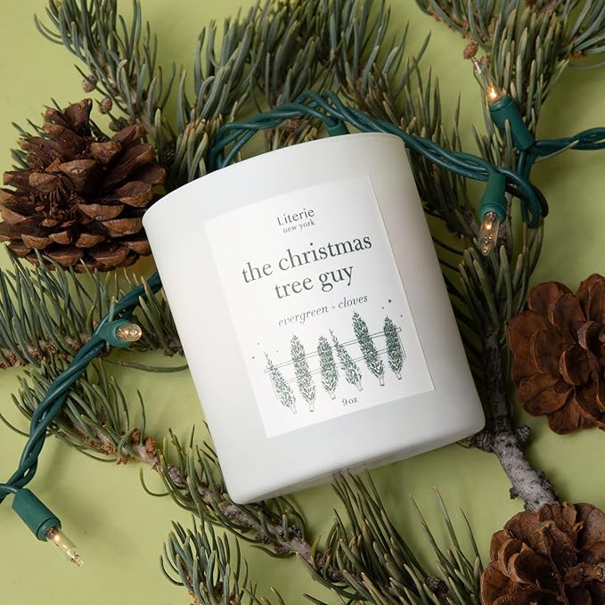 Literie NYC Inspired Scented Candle: The Christmas Tree Guy - Evergreen & Cloves Scent, 9oz, 50 Hour Burn, Vegan Soy & Coconut Blend Candle for Home Decor, Gift for Women & Men