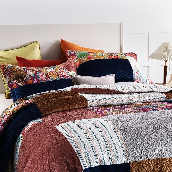 Secgo Queen Comforter Set for Bed - 100% Cotton Quilts Queen Size, Black Bedspreads (90 * 98 Inch) with 2 Pillow Shams, Patchwork Reversible Lightweight Bedding