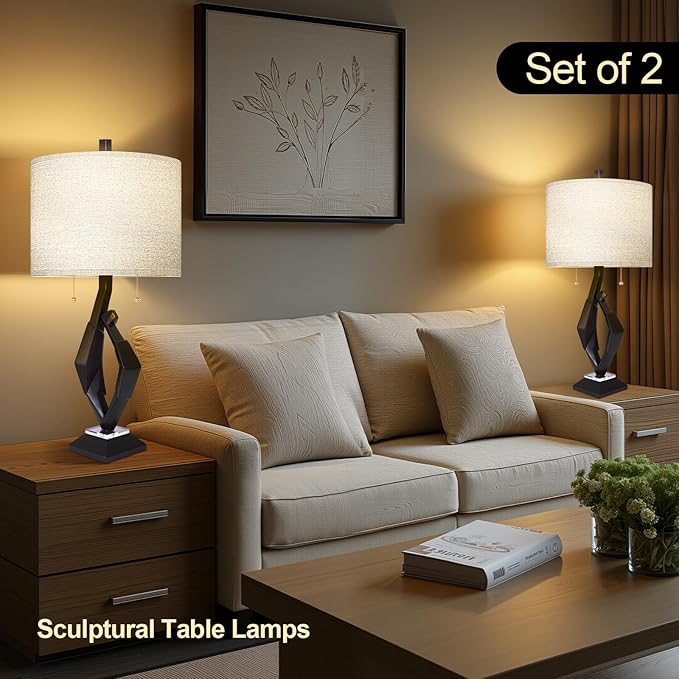 Scenekoy Sculptural Resin Table Lamp Set of 2 with USB Ports for Bedroom Living Room, 26” Black-Brown Dual Pull Chains Bedside Lamps, Nightstand Lamp for Home Room Decor (Bulbs Included)