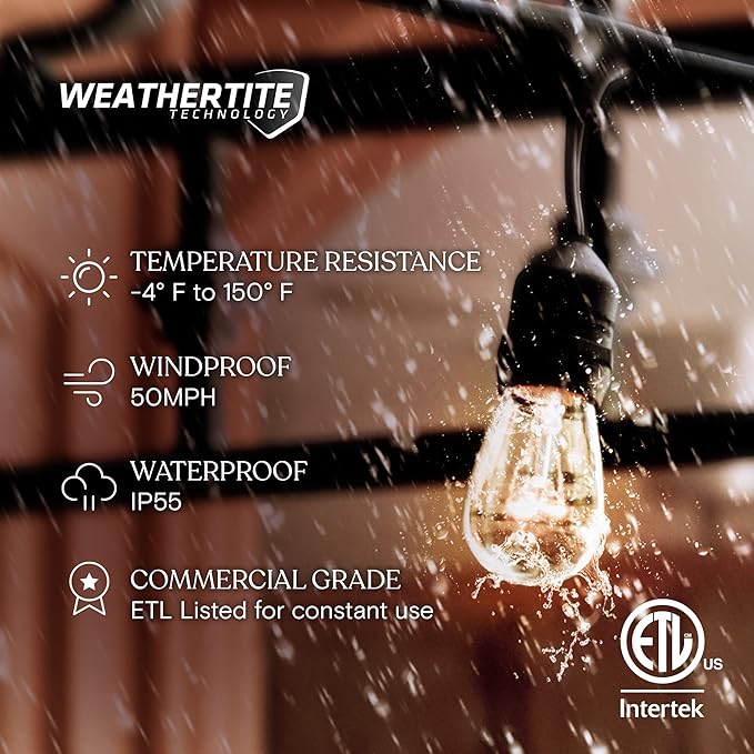 Brightech Ambience Pro Incandescent Outdoor String Lights - Commercial Grade Waterproof Patio Lights with 48 Ft Dimmable Edison Bulbs, Porch String Lights for Patio, Backyard - 15 Bulbs 11W