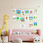 KOLLIEE Kids Artwork Display Art Wall Decor 4.93ft Boho Wooden Beaded Garland Collage Holder with Hanging Rings Wooden Stars Hook 40 Wood Clips for Kids Artwork Photo Room Bedroom Decor