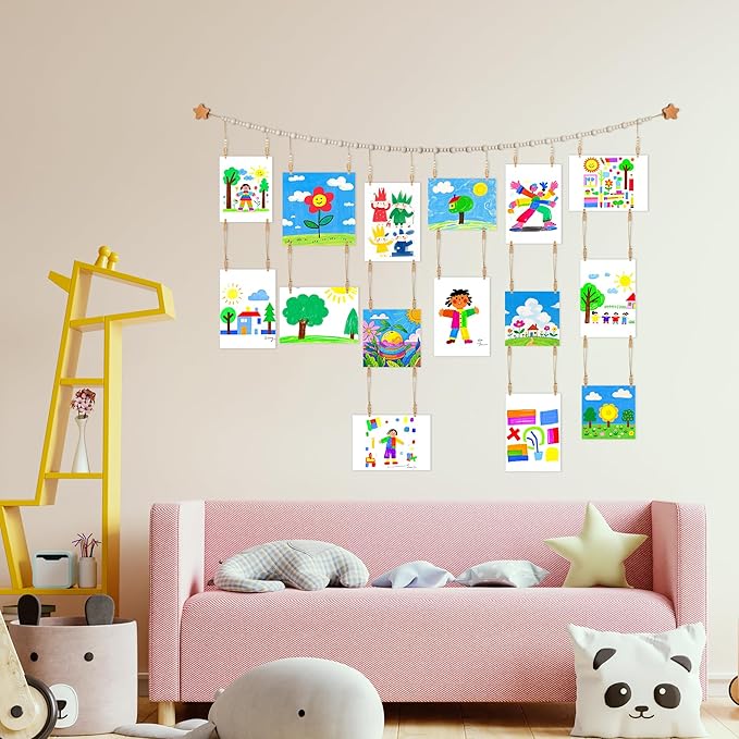 KOLLIEE Kids Artwork Display Art Wall Decor 4.93ft Boho Wooden Beaded Garland Collage Holder with Hanging Rings Wooden Stars Hook 40 Wood Clips for Kids Artwork Photo Room Bedroom Decor