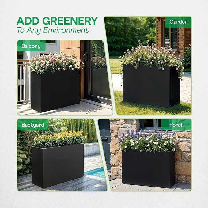 IDZO Metal Planter Box, Privacy Trough for Patio, Rectangle Container for Outdoor Plants, Tall Large Rectangular Steel Bed for Outdoor Greens with Drainage Holes & Adjustable Feet, Black