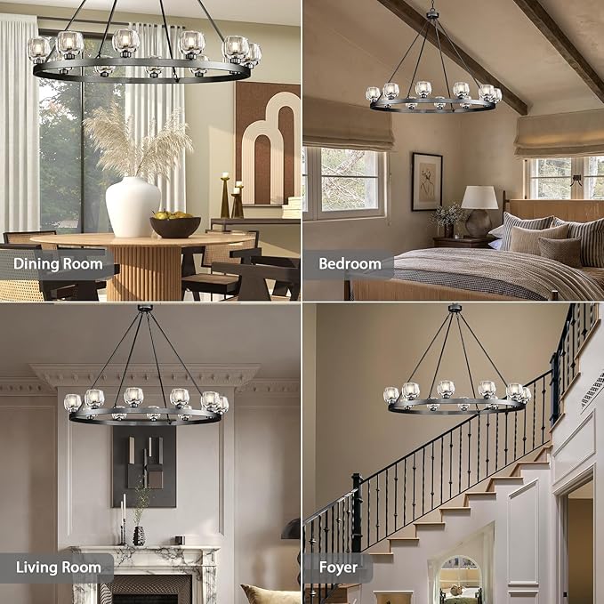 Black Wagon Wheel Chandelier, 48 Inch Black Chandeliers with Unique Glass Shade, 12-Light Crystal Large Wagon Wheel Chandeliers for Dining Room, High Ceiling Round Chandelier for Living Room, Foyer