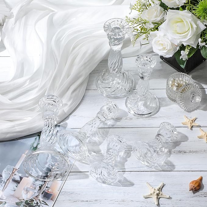 Mumufy 6 Pack Glass Taper Candle Holders Clear Candlestick Holder Fit 0.8 Inch Candles 4'' 6'' 8'' Tall Crystal Decorative Candlestick Stand Centerpiece for Table Wedding Dining Party (Vertical)