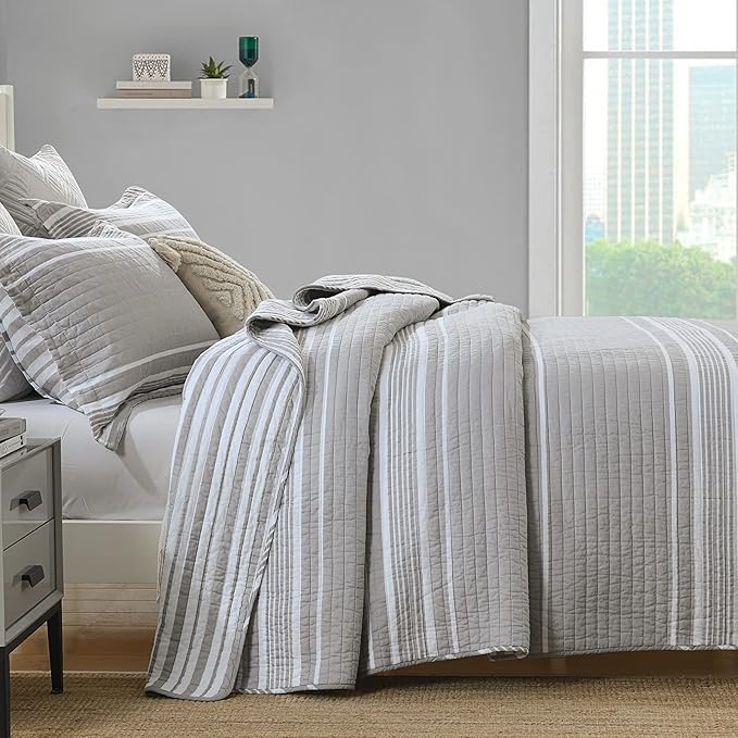 Y-PLWOMEN Quilt Queen Size - 100% Cotton Queen Quilt, Grey Striped Quilt for Queen Bed, Lightweight Reversible Queen Size Bedspread for All Season, 3-Piece