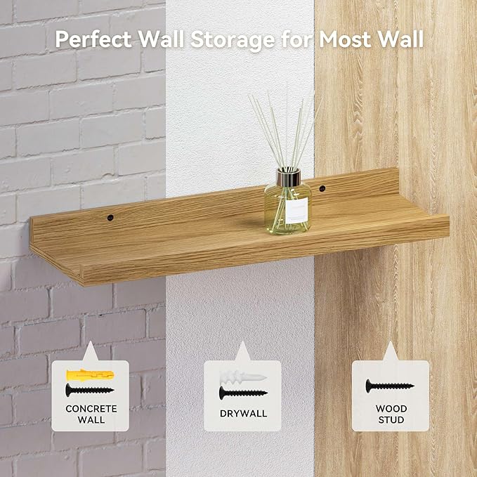 23.6 Inches Long Floating Shelves Wall Mounted, 2 Set Modern Wall Shelf for Bedroom, Nursery Book Shelf with Lip, Picture Ledge Shelf for Wall Decor Living Room Bathroom Kitchen- Oak