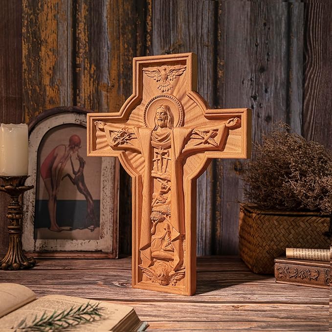 BGCOPPER Jesus Crucifix Wall Cross Handmade Wooden Cross for Wall Decor for Home Room Christmas Gift - 14 Inch