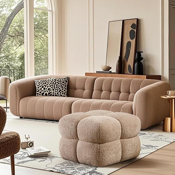 ONEVOG 21" Light Brown Funky Ottoman, Square Fuzzy Couch Sherpa Pouf Ottoman, Tufted Fluffy Boucle Fabric Foot Stools, Upholsered Footrest & Coffee Table for Living Room Bedroom, Cute Pouf Home Decor