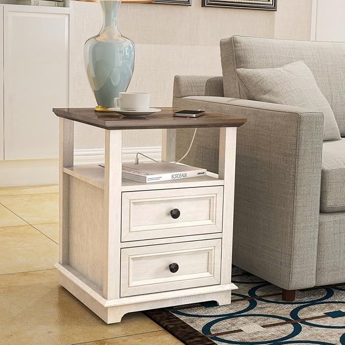 18" Wide End Table with Fast Charging Station Set of 2, 18” Wide Sofa End Table with Drawers,Storage Rustic Wood Storage Cabinet,Sofa Table for Living Room,White