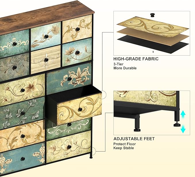Tohomeor Dresser with Drawers for Bedroom Chest of Drawers Fabric Dresser for Closet,Nursery Entryway Hall Tree TV Stand for Living Room Retro Floral Pattern Drawers Wooden Top (14 Drawers)