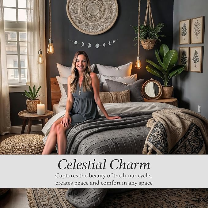 BASE ROOTS Moon Phase, White Gray Wall Decor for Bedroom & Living Room, Bohemian Wall Decor, Handmade Hammered Metal 34" 7 Phases Moon, Celestial Wall Art, Gift for Women & Kids