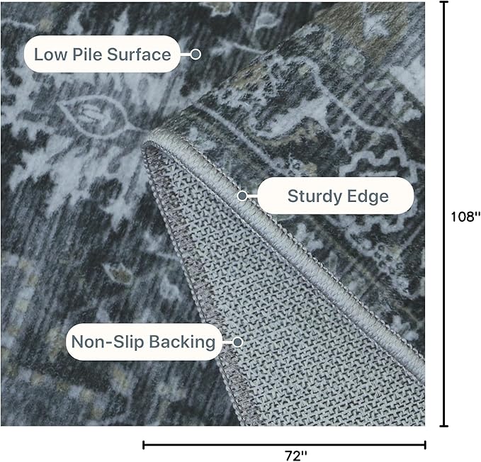 GENIMO 6x9 Area Rugs for Living Room, Machine Washable Non Slip Vintage Rugs, Low Pile Lightweight Chenille Print Rug for Bedroom, Dining Room, Home Office,Dark Gray