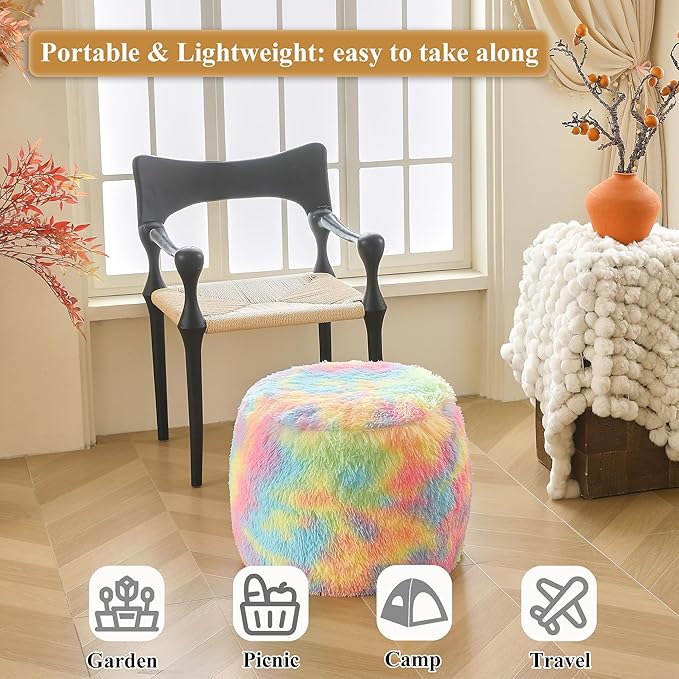 XeGe Fluffy Faux Fur Inflatable Pouf Ottoman, Soft Fuzzy Foot Stool, Plush Furry Foot Rest Floor Pouf Anti-Slip for Kids Girls Adult, Cute Foldable Ottoman Cushion Living Room Bedroom, Rainbow