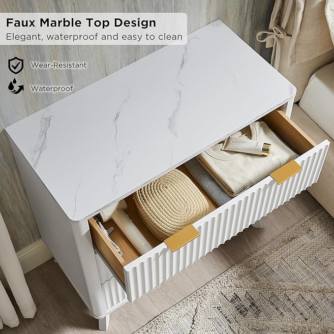 T4TREAM Fluted 3 Drawer Dresser, 32" Tall Modern Chest of Drawers with Faux Marble Top, Curved Profile Design, Wood Drawer Organizer for Bedroom, Living Room, Hallway, Entryway, Solid White