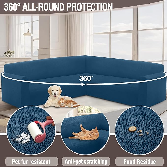 HDCAXKJ Sectional Couch Cover L Shape Stretch Sofa Covers Washable Jacquard Corner Couch Slipcover Non Slip Sectional Slip Cover U Shaped Furniture Protector for Pets Dogs (Dark Blue, X-Large)