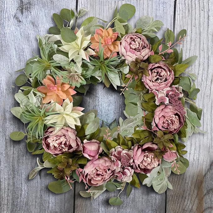 WANNA-CUL 24 Inch Spring Peony Wreaths for Front Door,Succulent Summer Wreath with Pink Peony Floral, Spring Front Door Decor with Succulent Arrangement Decoration