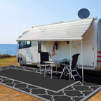 GENIMO 9' x 18' Outdoor Rug Waterproof for Patio, Foldable Reversible Plastic Straw Area Rugs Mat for Rv Decor, Outside Carpet for Camper, Deck, Picnic, Beach, Balcony, Porch, Black & Grey