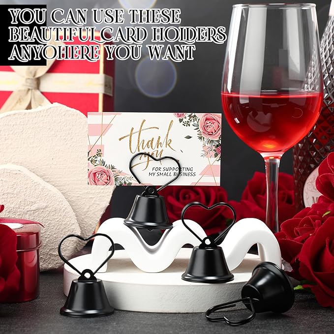 24 Pcs Table Number Holders Place Card Holders for Table 2 Inch Ring Clip Bell Number Holder Metal Picture Holder for Wedding Christmas Restaurant Home Photo Office Memo(Black,Heart)