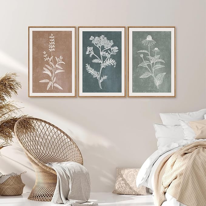 SIGNINART Neutral Botanical Framed Canvas Wall Art Set, Vintage Floral Wall Decor, Boho Minimalist Plant Wall Painting, Art Print for Farmhouse Living Room, Bedroom, Office, Bathroom 16"x24"x3