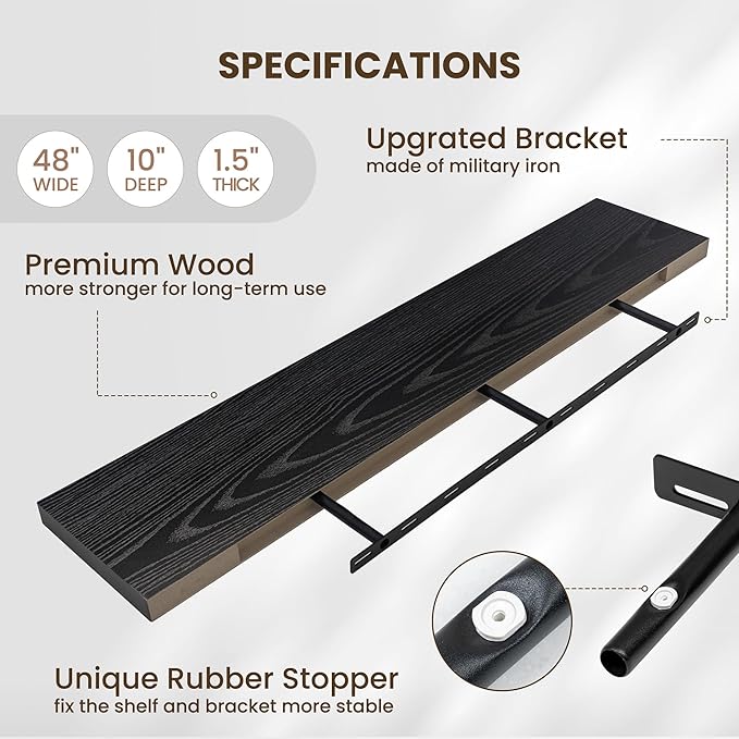 Fun Memories 10 Inch Deep Shelves, Floating Shelves for Wall 48 Inches Long, Wood Floating Shelves for Wall, Large Storage Shelves Wall Mount for Living Room Bedroom, Black, Set of 1