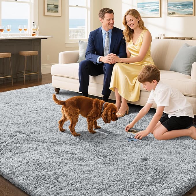 Fluffy Rug Shaggy Area Rug, Grey 4x6 Area Rugs for Bedroom, Small Bedside Rug, Soft Fluffy Shaggy Entryway Throw Rugs for Living Room Bedroom Kids Room Home Decor