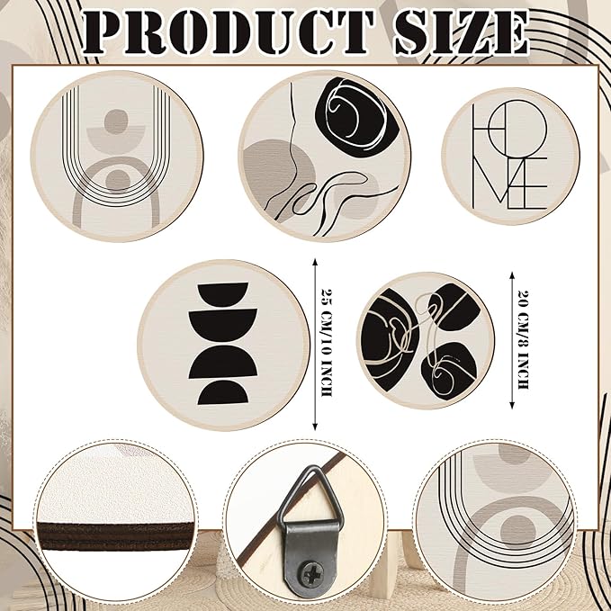 Qunclay 5 Pcs Wall Art Decor Wooden Living Room Wall Decor Bohemian Hanging Farmhouse Geometric 10'' and 8'' Aesthetic Wood Minimalist Posters for Bedroom(Classic)