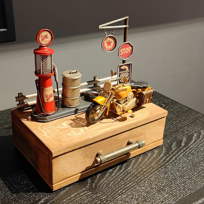 Route 66 Desk Table Decor Gas Station Model Miniature Storage Box Decoration Vintage Gas Pump Motorcycle Model Organizer Drawers Jewelry Box Ring Trinket Case Cabinet Retro Home Decor