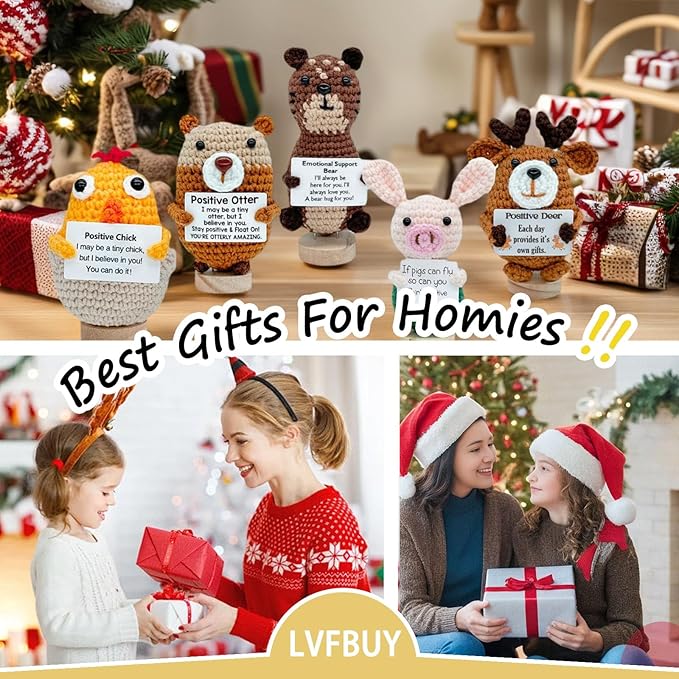 5 PCS Emotional Support Positive Chick, Deer, Otter, Pig, Bear, Stress Relieving Handmade Crochet Animals, Collectible Dolls Decorative Gifts for Friends and Family