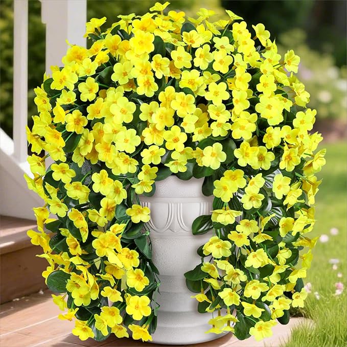 Artificial Faux Hanging Plants Flowers for Outdoor Fall Autumn Decor, 2 PCS Fake Silk Daisy Mums Yellow Orchid Long Vines UV Resistant Realistic for Outside Home Porch Patio Balcony Planter