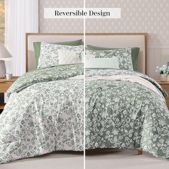 Queen Comforter Set -7 Pieces Floral Grey Green Comforter Set for All Seasons, Bed in a Bag Queen with Botanical Flowers Comforter, Sheets, Pillowcases & Shams