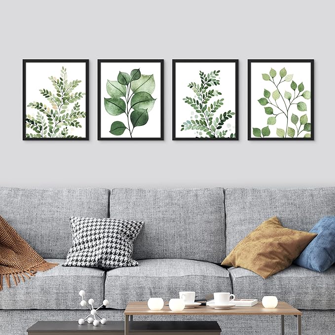 SIGNWIN Framed Green Pastel Forest Fern Leaf Wall Art, Set of 4 Collage Nature Garden Wall Decor Prints, Nature Wilderness Wall Décor for Living Room, Bedroom - 11"x14" Black