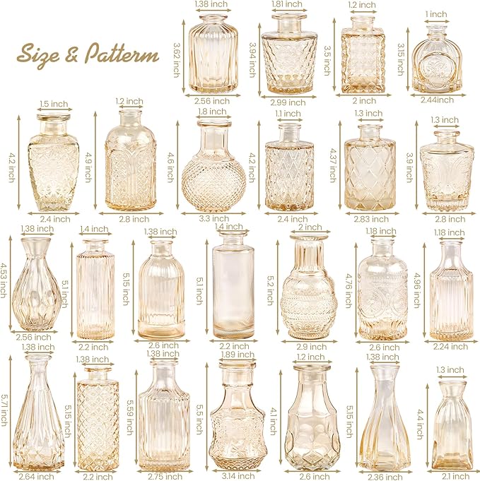 Glass Bud Vase Set of 24, Small Amber Flower Vases for Centerpieces in Bulk, Mini Vintage Vase for Wedding Decor, and Home Table Décor