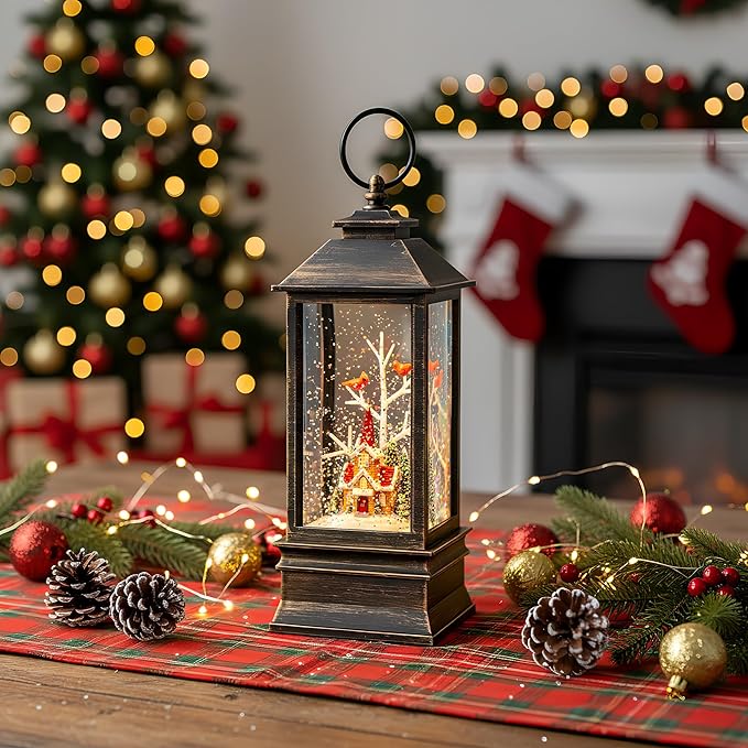 10'' Christmas Snow Globe Lantern Lighted Christmas Village Church Scene Musical Water Lantern with Swirling Glittering Home Decoration and Gift, Battery Operated or USB Powered